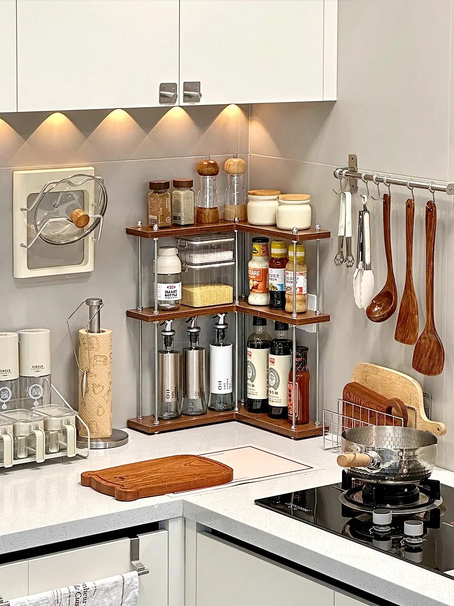 

Современная кухонная стойка для домашнего использования из массива дерева, треугольная столешница, полка для хранения приправ, 90-градусная L-образная стойка для размещения