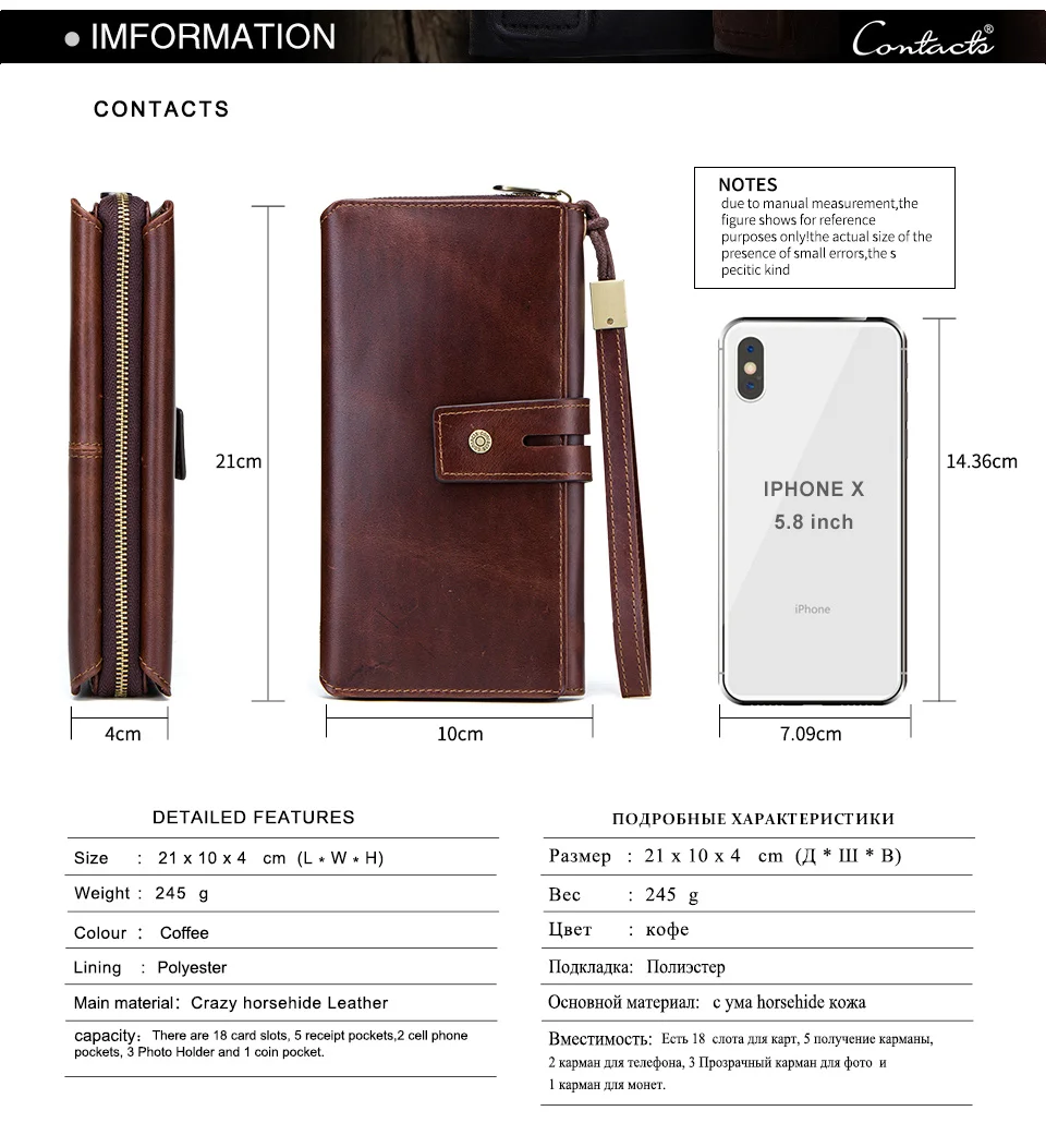 CONTACT'S Clutch-Taschen aus echtem Leder für Herren, lange Vintage-Handtaschen mit Reißverschluss, Kartenhalter, Münzgeldbörsen, Geldklammer, Herren-Geldbörsen – Detail 10