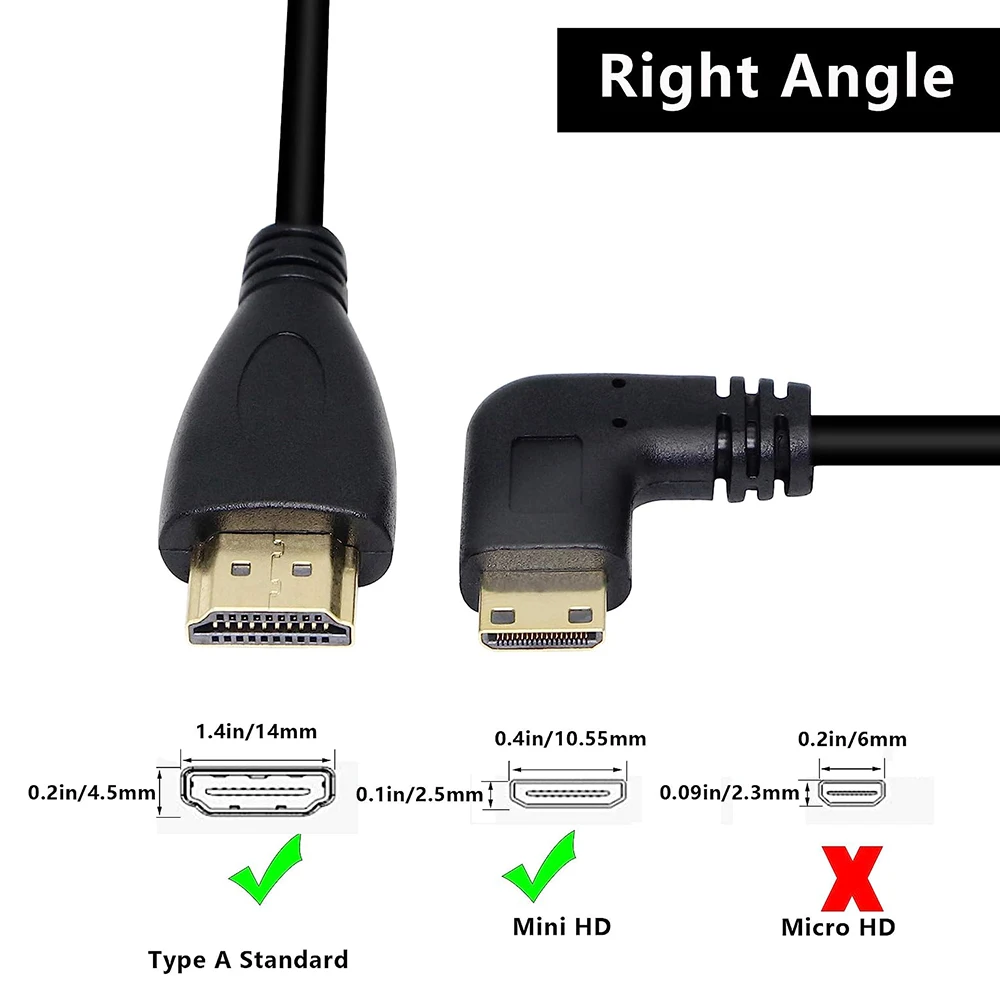 Mini-HD To HD Cable 90 Degree Up/Down/Left/Right Angled HD C Male to A Male Converter Cord for Camera Tablet Laptop Monitor HDTV