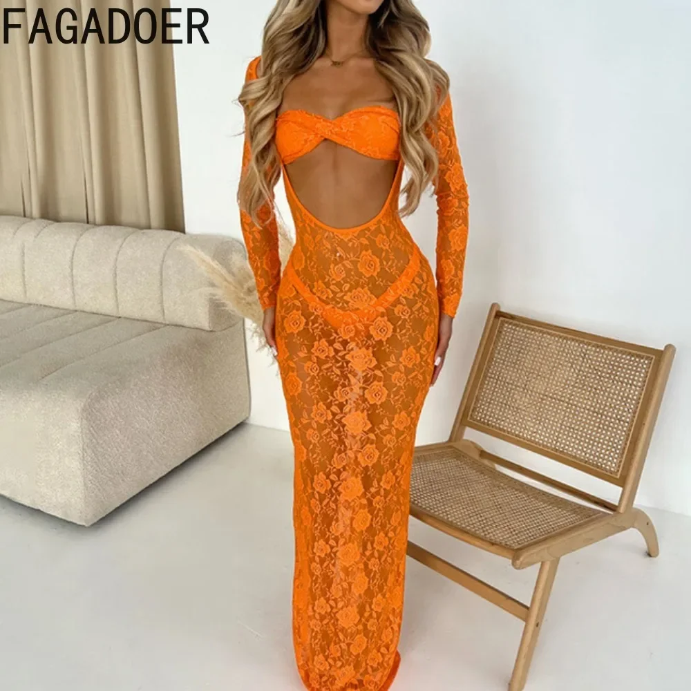 

FAGADOER Sexy Lace Perspective Hollow Out Bodycon Long Dress 2024 Women Tube And Long Sleeve Slim Sheer Nightclub Party Vestidos