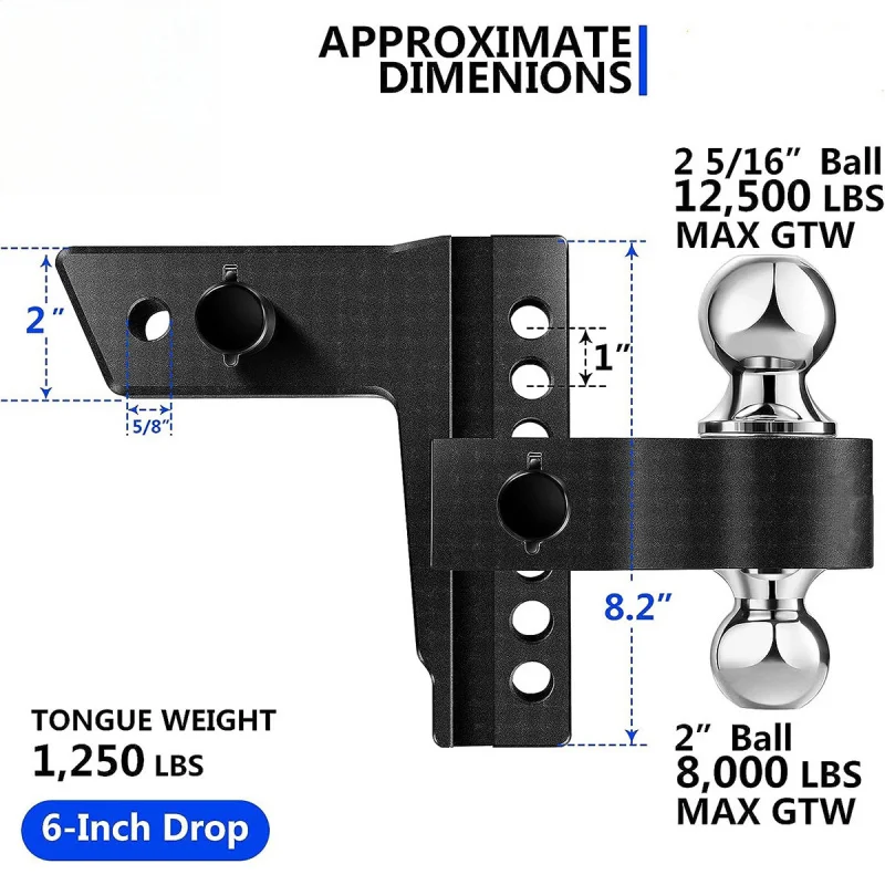 Product Name: 6 In6 Inch Adjustable Aluminum Dual Ball Trailer Hitch Heavy Duty Towing Drop Hitch With Pin Lock Security Tow Bar