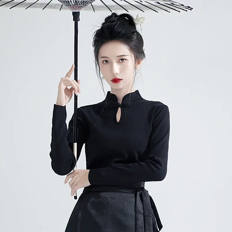 

T-shirts Women New Chinese Style Vintage All-match Slim Ladies Long Sleeve Casual Solid Clothes Stand Collar Fashion Temperament