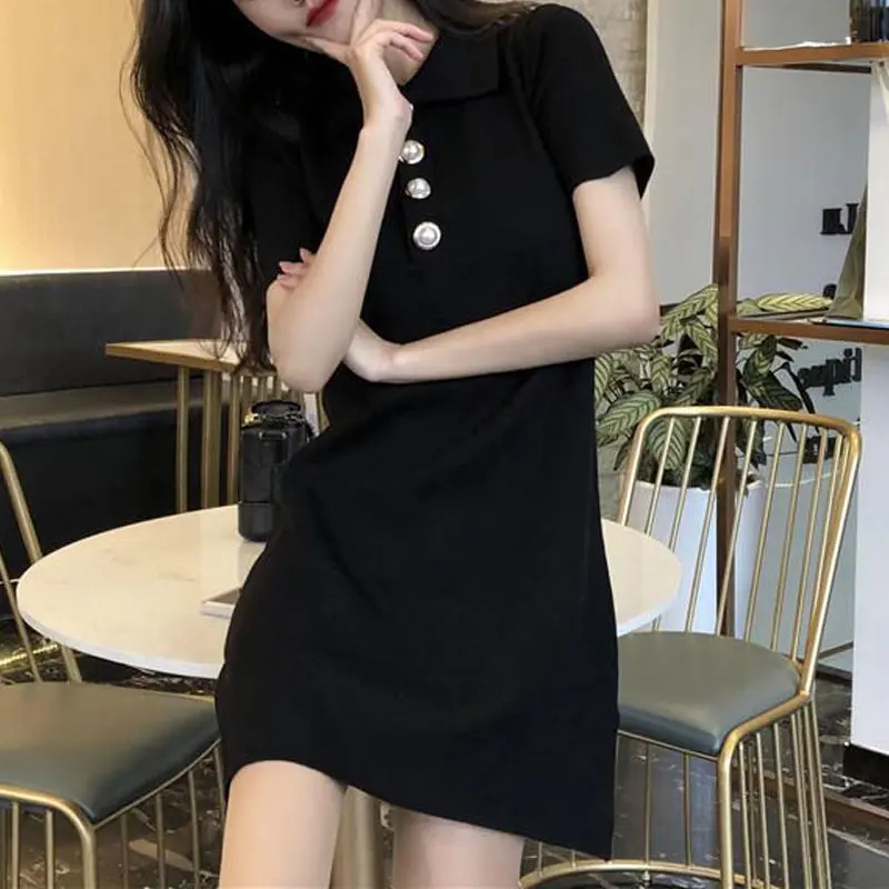 Damenbekleidung Aura Polokragen-Knopfkleider Basic Vintage Einfarbig Sommer Schlank Elegant A-Linie Taille Gestricktes Minikleid Neu