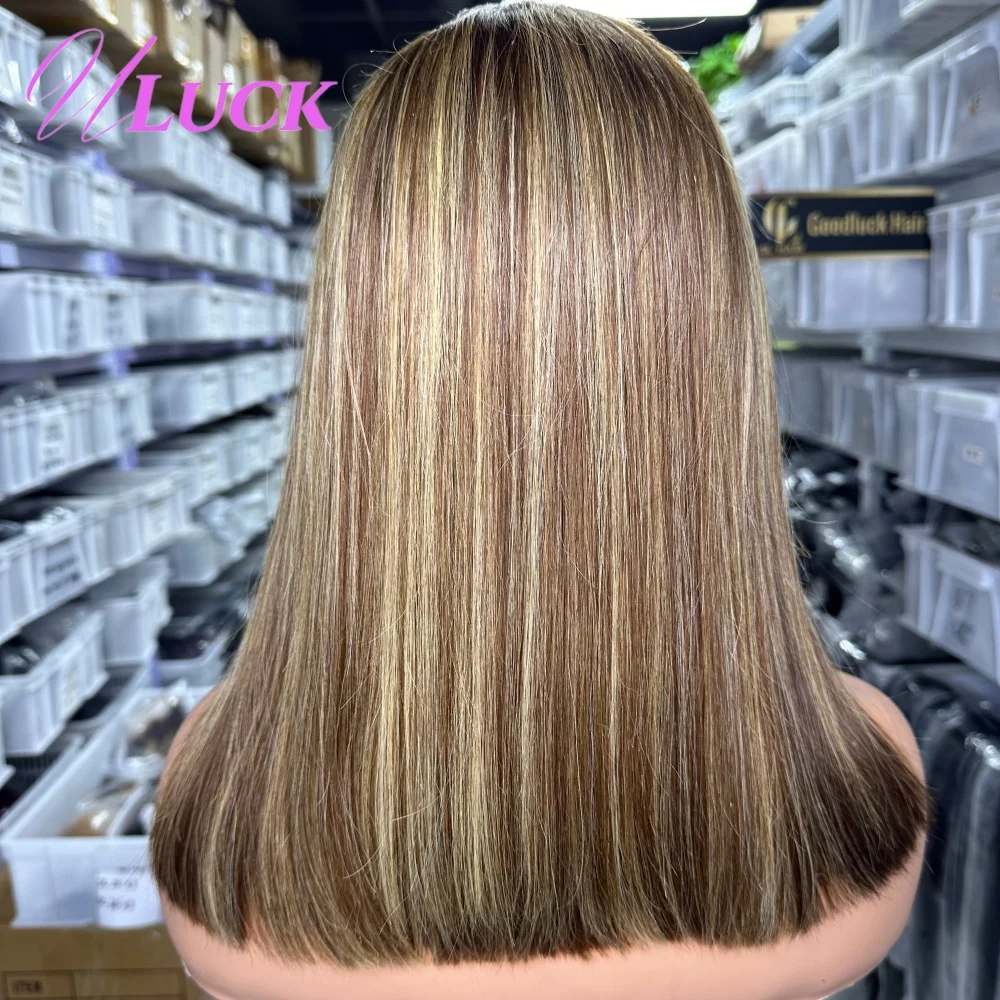 Uluck ダブルドローン ショートストレートボブウィッグ 13x4 レースフロントウィッグ ハイライト P4/27 人毛ウィッグ 200%密度 生え際処理済み