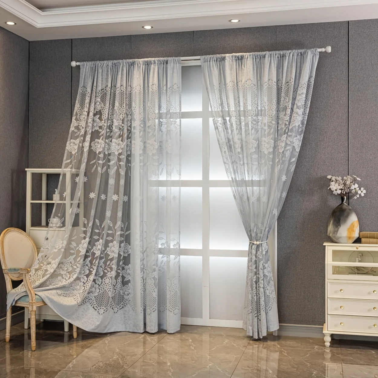 1PC Rod-pocket French-style light luxury gray rose lace curtain, lets light through but keeps people out of sight