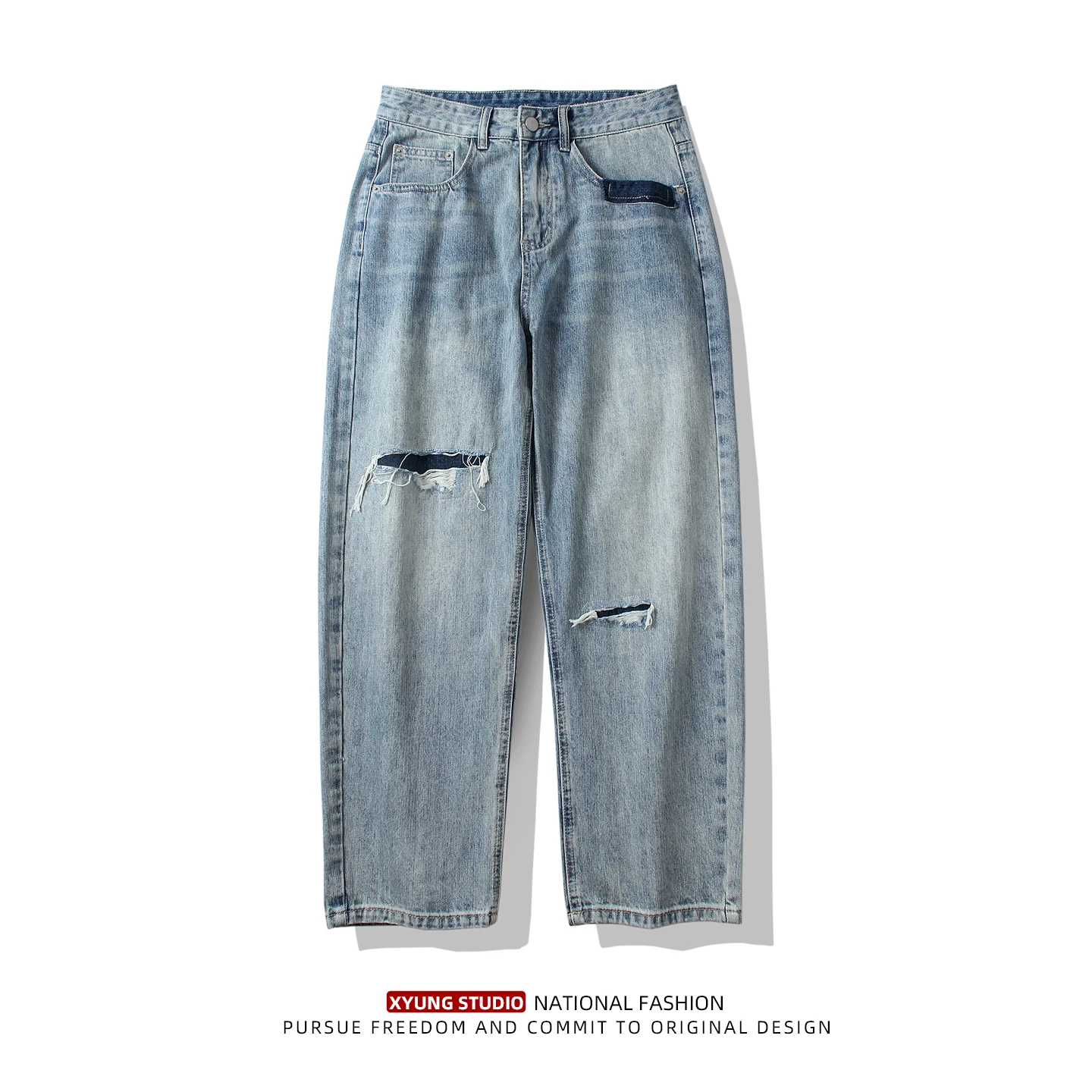 

Мужские джинсы в стиле ретро, американские, весенне-осенние, свободные, повседневные, с дырками, широкие, прямые, длинные брюки, уличный стиль, хлопок, полиэстер