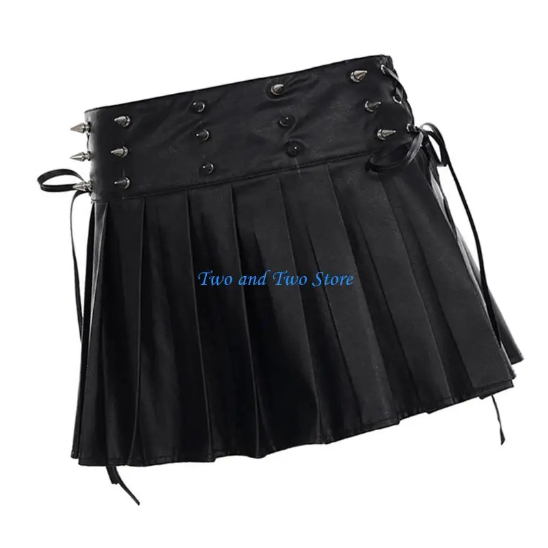 

HX6F Soft PU Leather High Waist Skirt Casual Elegant Pleated Skirt Daily Outfit