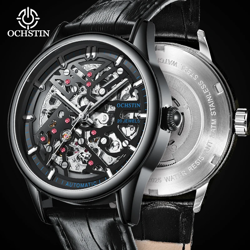 OCHSTIN Luxury Openwork Skeleton Mechanical Watch Man Solid Stainless Steel Case Durable Leather Strap Men's Waterproof Clock