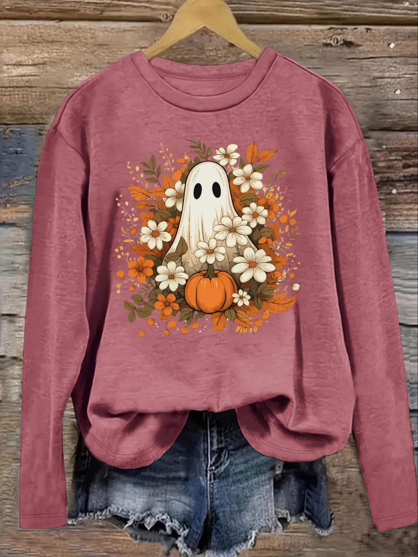 Women's Casual Long Sleeve Crew Neck T-Shirt Ghost Pumpkin Autumn Floral Design Design, Round Neck Women's Clothing, Machine Washable, Slightly Elastic, Loose Fit, Spring Autumn Winter Women's T-Shirt, Halloween Costume Outfit view 3