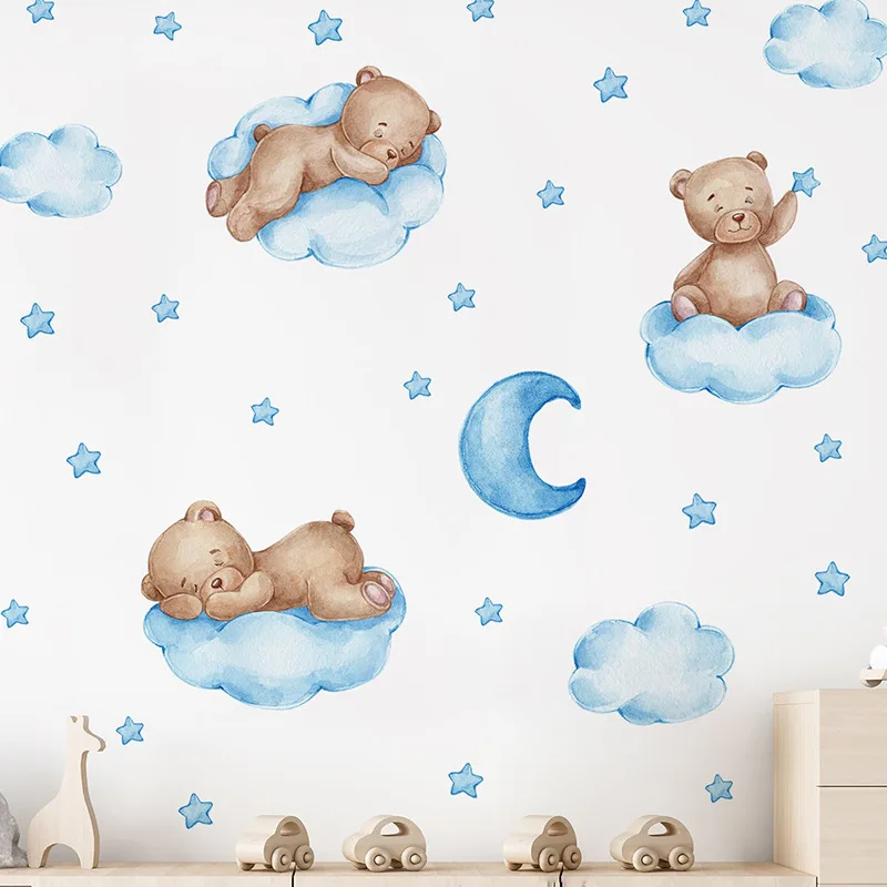 4 Colors Kids Cartoon Bear Goodnight Clouds Moon Wall Decals Stickers Clouds Children's Bedroom Home Decoration Wall Sticker