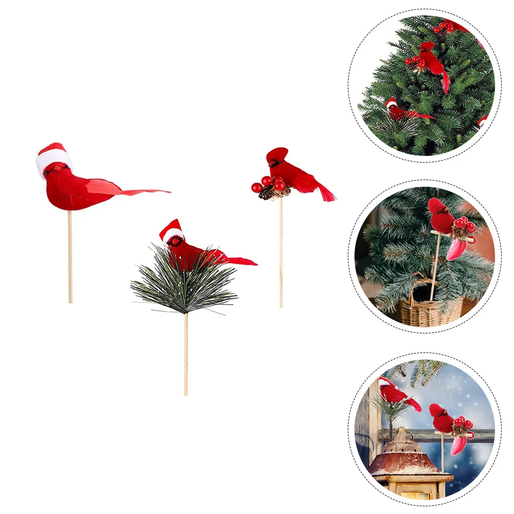 

3Pcs Christmas Tree Wreath Decor Artificial Red Bird Decoration for Xmas Realistic Cardinal Bird Ornament on Stick Festival
