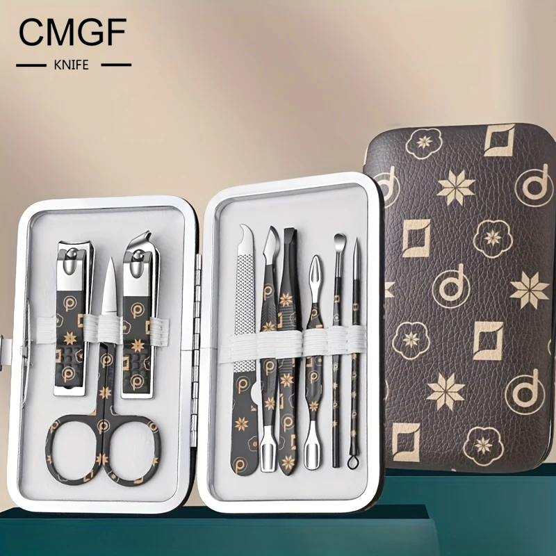 CMGF Nail Clipper Manicure Tool Set Fine Printed Leather Case Nail Clipper Pedicure Set Portable Travel Christmas Gift