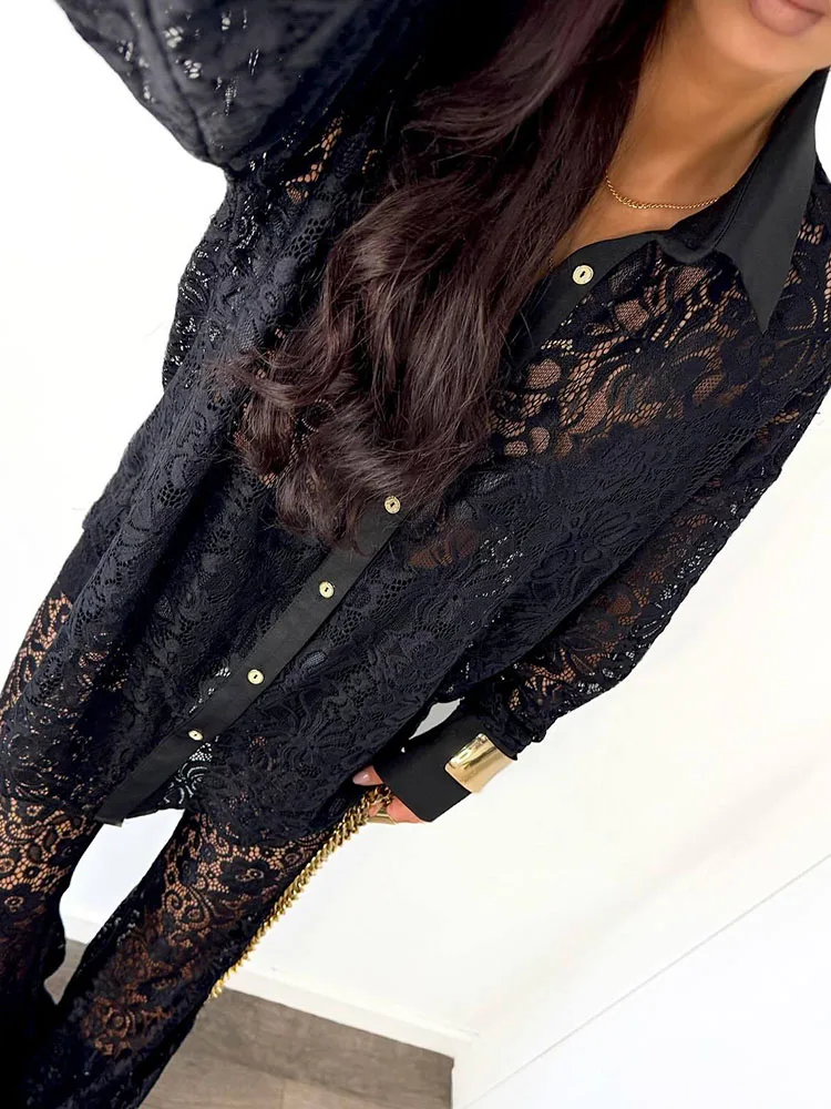 

Женские повседневные однотонные темпераментные комплекты с длинными рукавами, кружевная вышивка, ажурный костюм из 2 предметов, элегантная рубашка с лацканами и длинные брюки, наряды