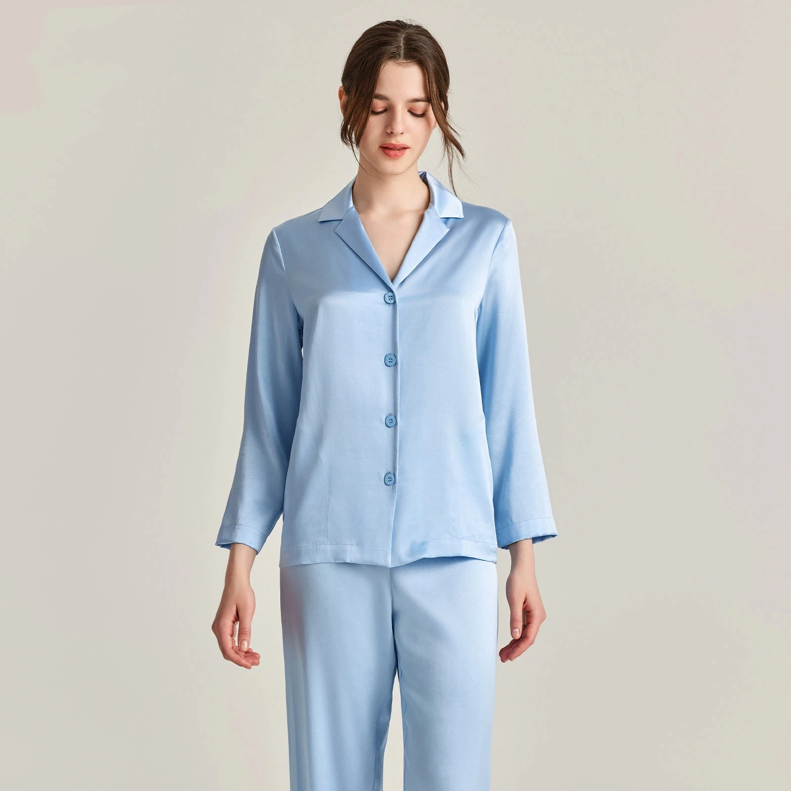 22MM 100% Real Mulberry Silk Womens Long Sleeve Sleepwear Home Suit Set Elegant Lapel Cardigan Pajamas 2pcs Set Solid Loungewear