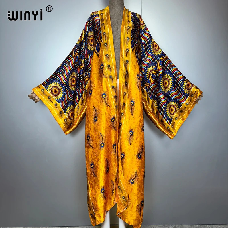 WINYI แอฟริกา boho พิมพ์ชุดกิโมโนชุดยาวผู้หญิงมุสลิม Cardigans ชุดชายหาด kaftan beach cover up party dress maxi coat