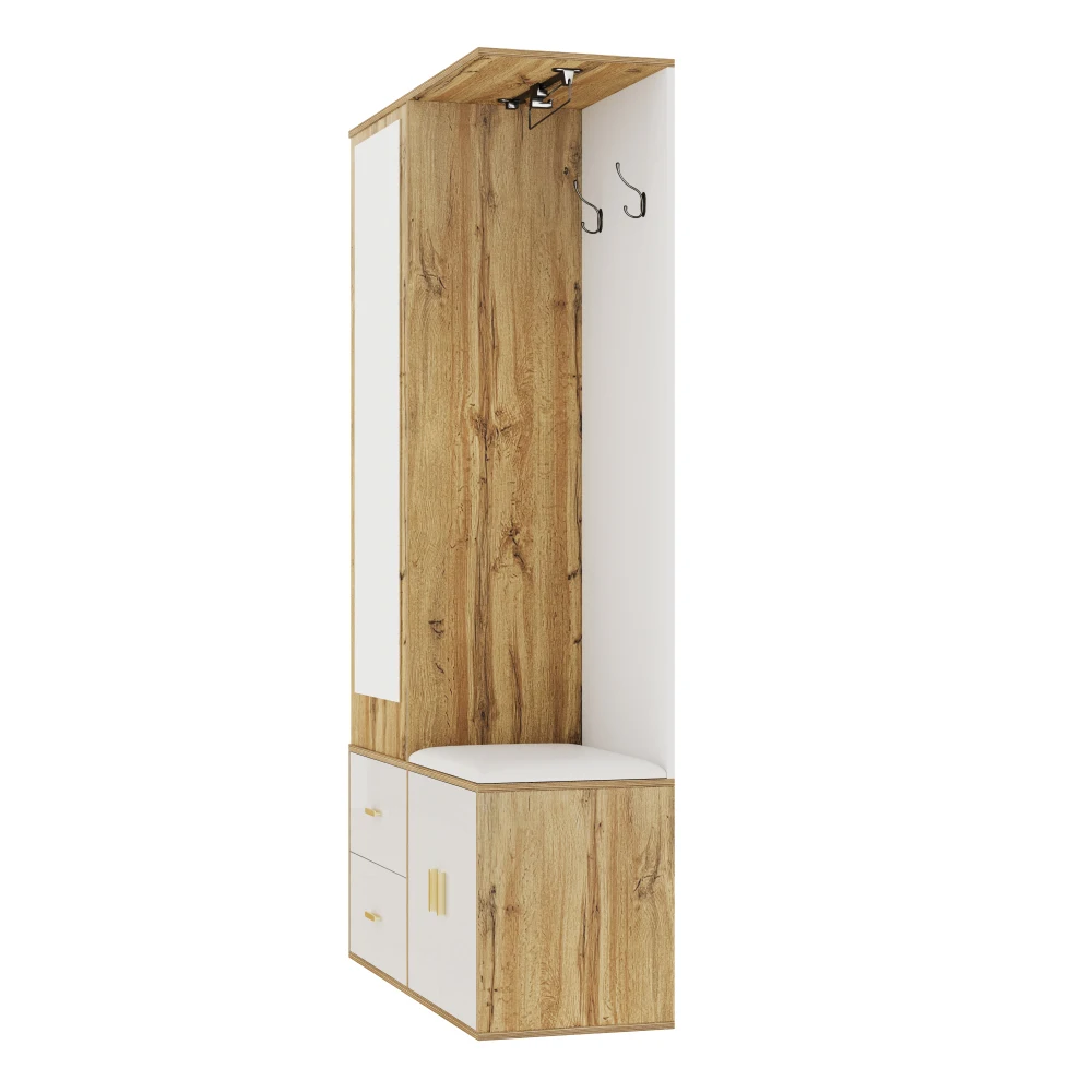 PINGGO Edles Garderoben-Set mit Spiegel, Schuhschrank, Schuhbank mit Haken, ausziehbarer Kleiderstange in Weiß und Holzfarben – Detail 14