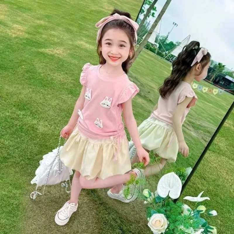 2026 Summer New Cute Three Dimensional Duck Flying Sleeve Tank Top and Flower Bud Skirt Two Piece Set for Children