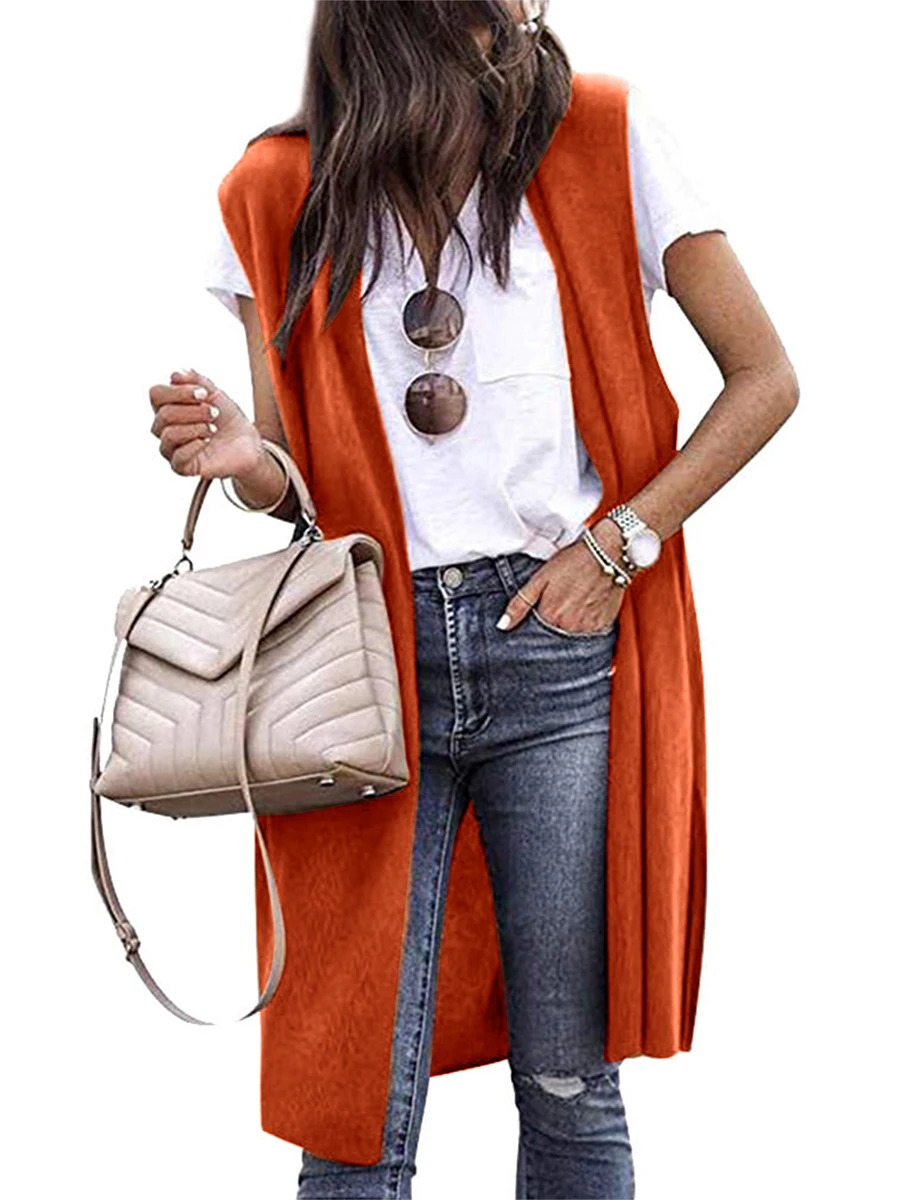 Women Vest Sleeveless Open Front Solid Loose Long Outwear Gilet for Casual Street