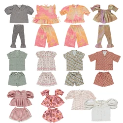 summer New kid clothes Ramie cotton short-sleeved shirt shorts Flower set Plaid suit Boys girls sets Lace Lace Doll dress