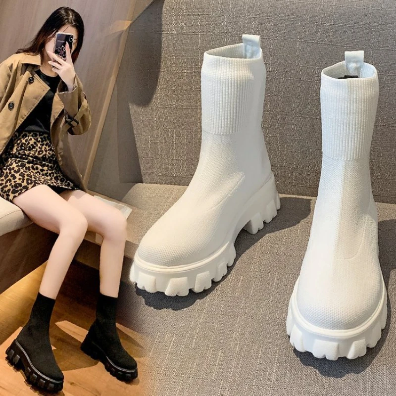 

Platform Women Boots Slip on Knitted Women Socks Shoes Stretch Fabrics Boots for Women Breathable Elastic Wedges Socks Boots