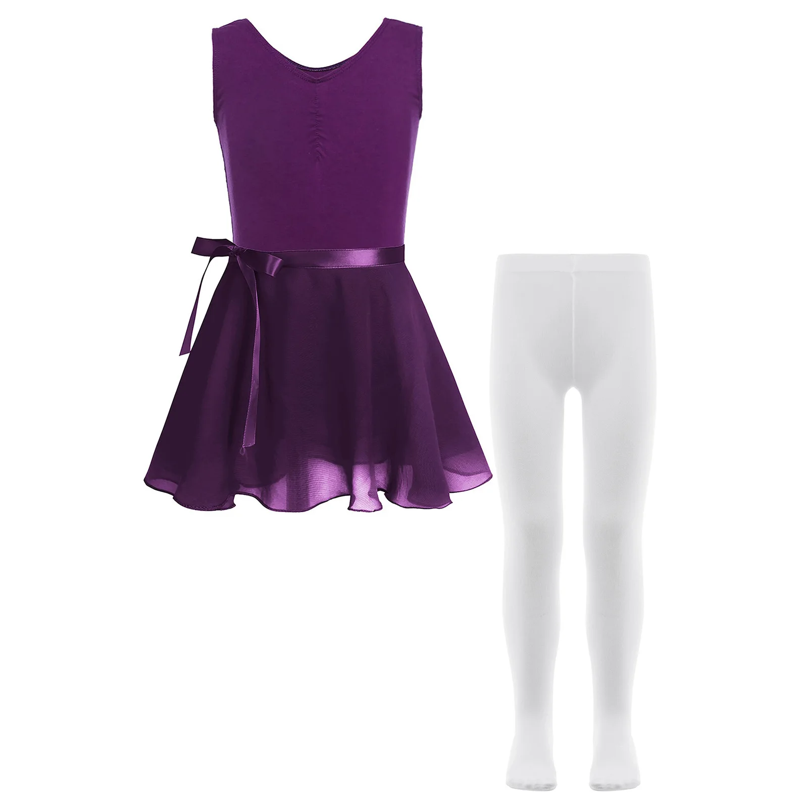 Ragazza per bambini Ginnastica Balletto Jersey Abito Figura Pattinaggio su ghiaccio Body senza maniche increspato + Gonna in chiffon con cravatta + Collant Dancewear