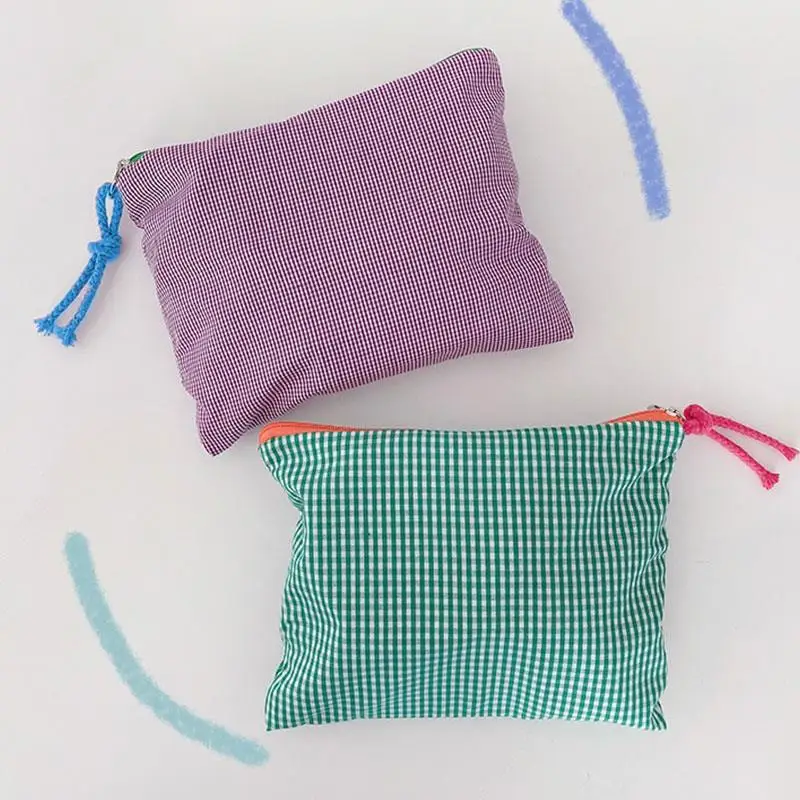 Borsa per trucco scozzese da donna per ragazza Borsa per cosmetici in cotone e lino con custodia con cerniera Pochette semplice portatile di grande capacità