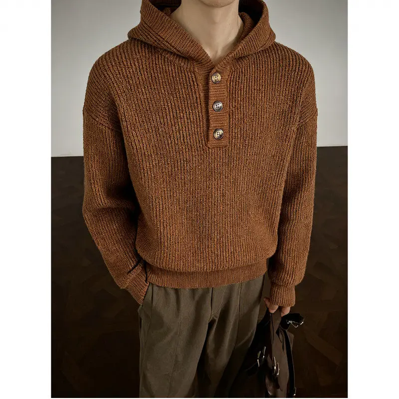 

American Retro Coffee Button Hooded Sweater Men's Autumn Winter Thiened Knitted Outerwear Casual Loose Fit Breathable