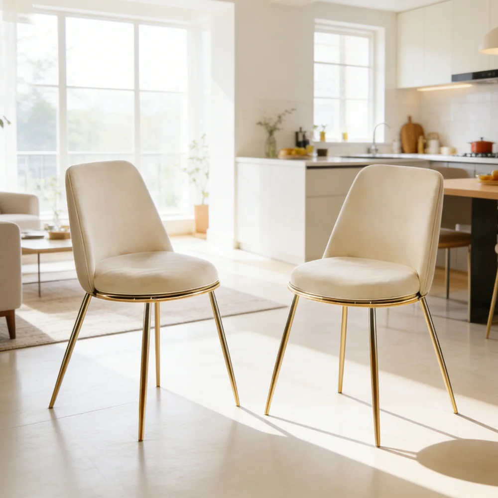 

Modern Cream White Dining Chair - Gold-Plated Metal Legs, Velvet Upholstery