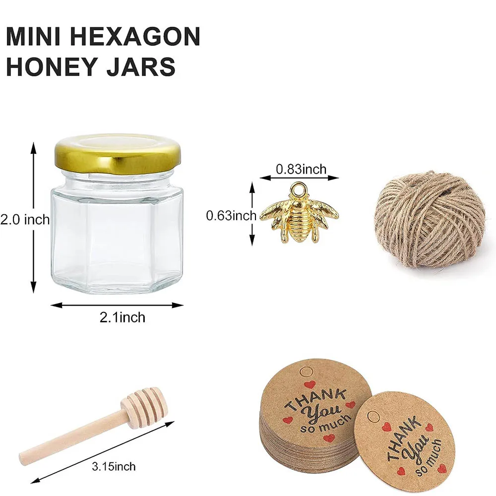 Hexagon Mini Glass Jar with Wood Dipper,Gold Lid,Bee Pendant,Jute Rope, Small Containers, Bottles for Jam Candies, Honey Bab,1.