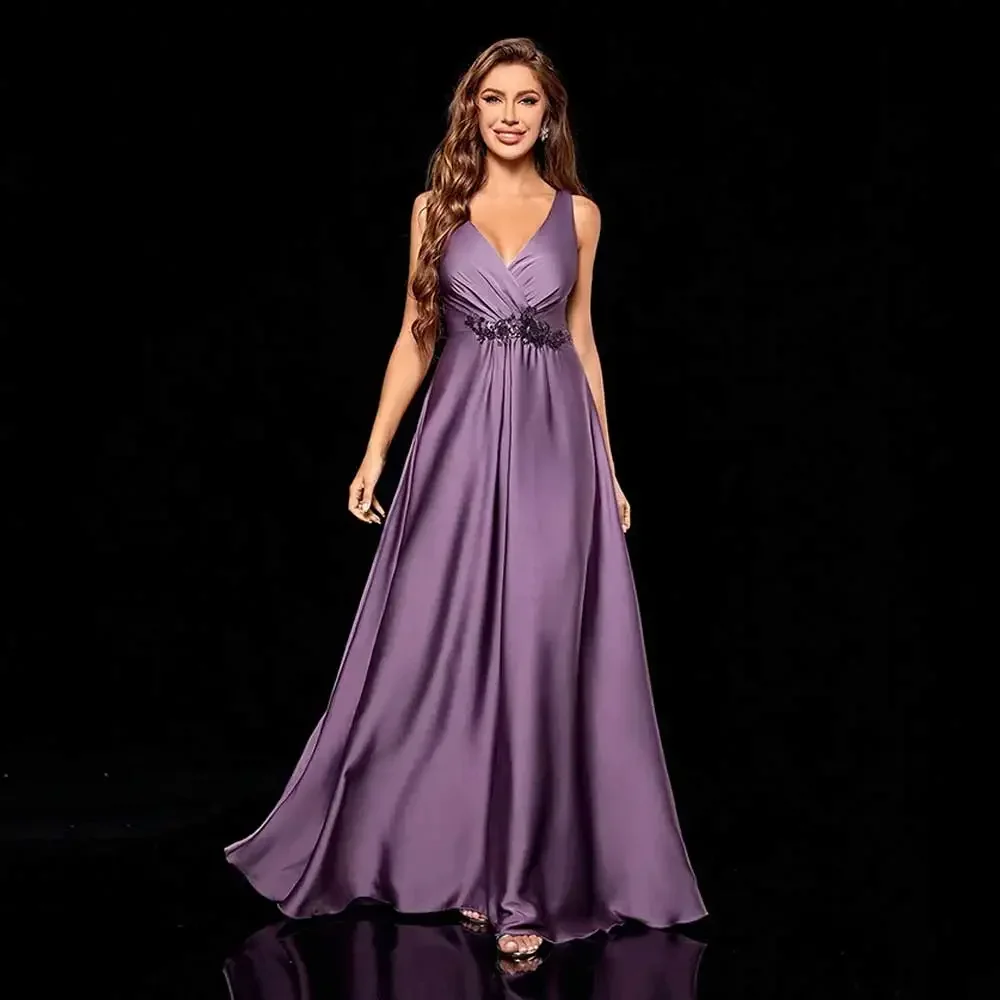 

Beautiful Elegant Long Evening Dress V-neck Applique Pleated Backless Floor Length Solid Women's Celebrity Banquet Gown Sexy