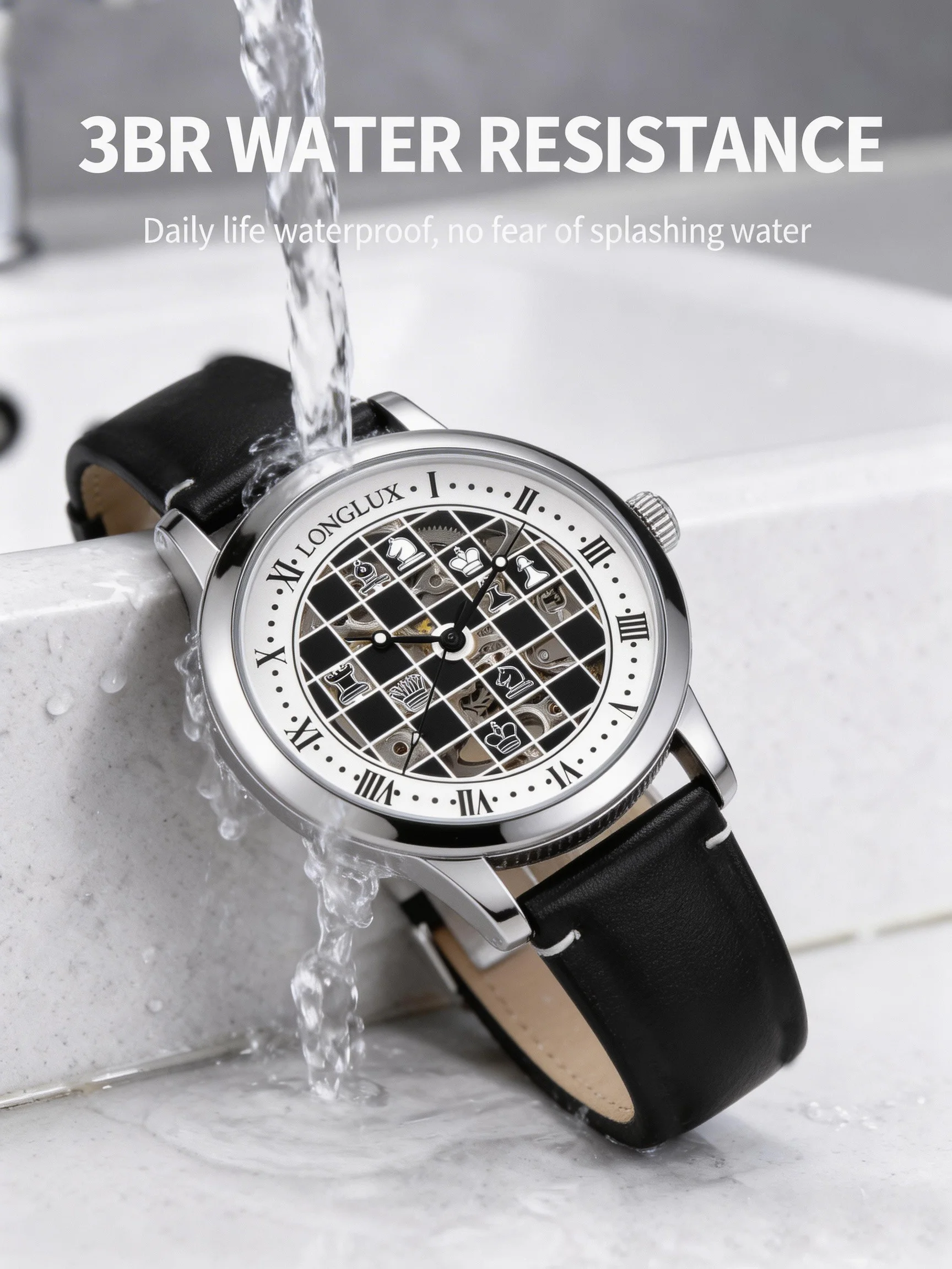 Men Automatic Watch Chess Checkerboard Mechanical Watches Waterproof Vintage Business Luminous Skeleton Leather Gift for You