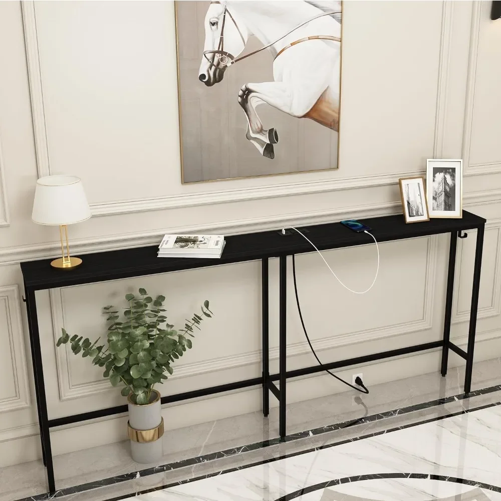 70 Inch Narrow Console Table with Outlet, Skinny Sofa Table Narrow Long Behind Couch