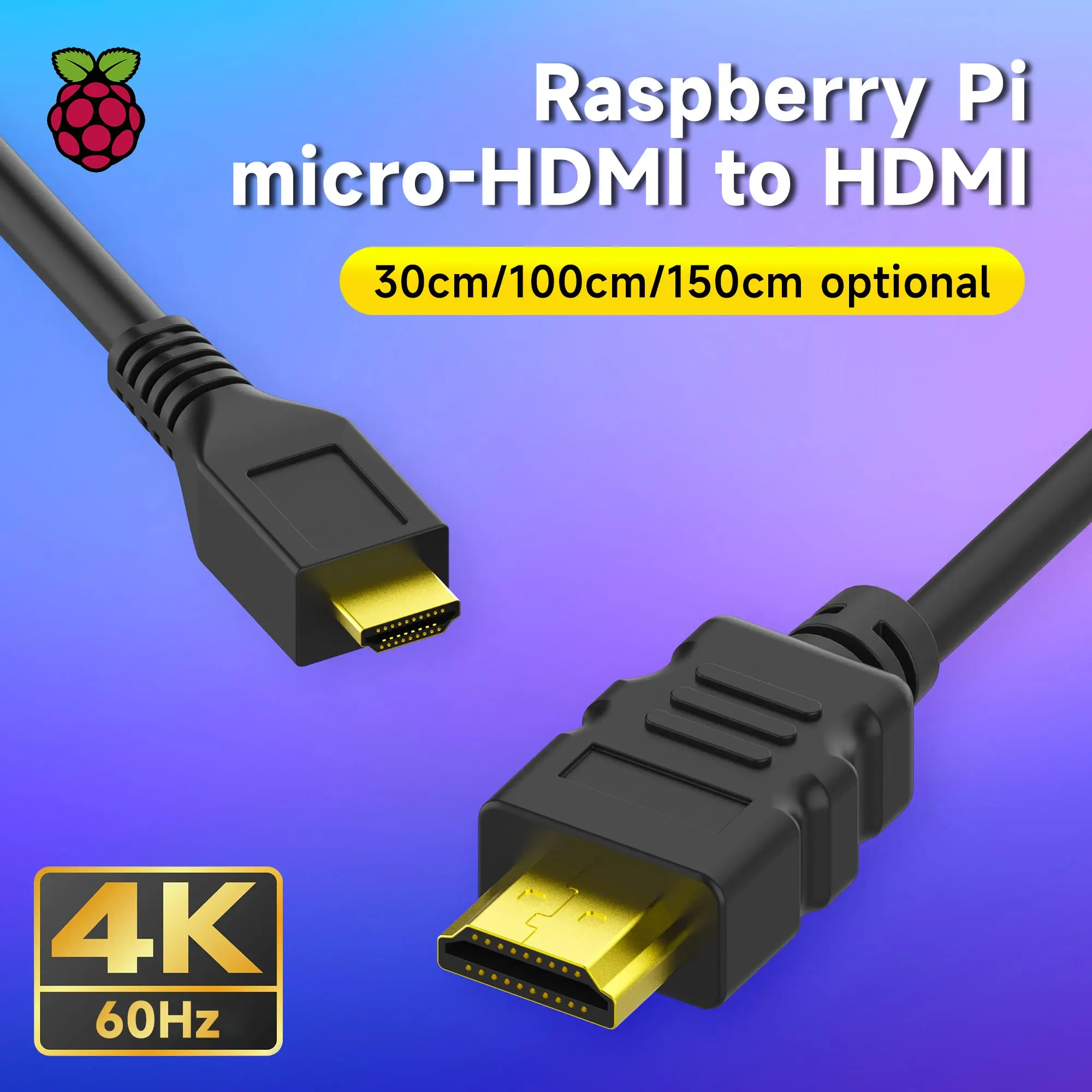 

Micro-HDMI to HDMI Cable Adapter for Raspberry Pi 5/4B With Gold-plated Support HD 4K 60Hz Video 30CM 100CM 150CM Length