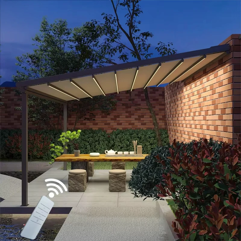 Motorized Retractable Gazebo Awning Aluminum Frame Outdoor Patio Balcony Garden Sun Shade Windproof Waterproof Shelter