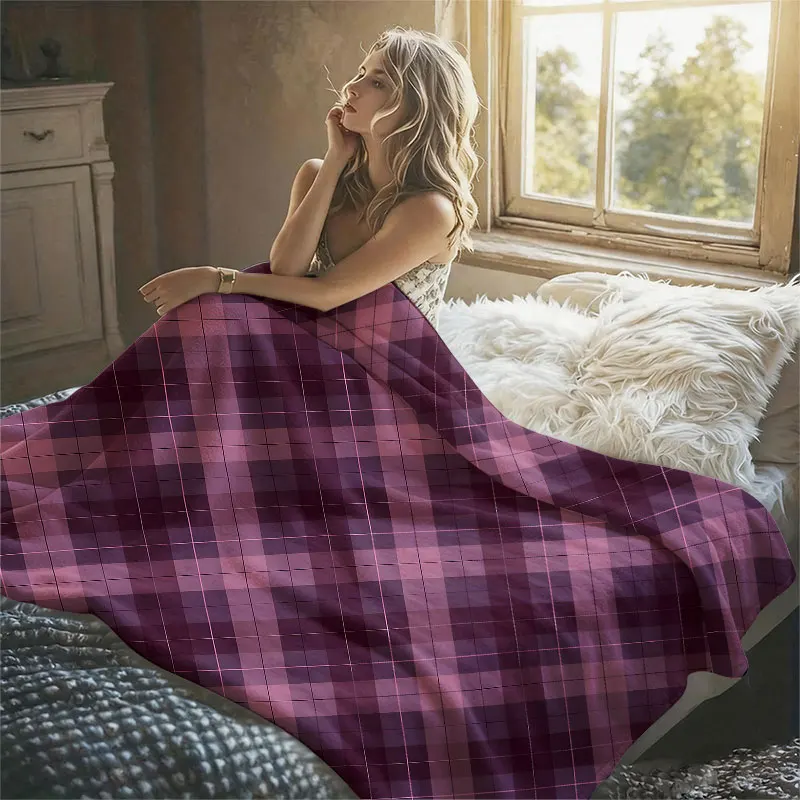 Mauve Purple Tartan Check Flannel Blanket Perfect for Sofa Office Bed Travel Sleep Read Relax Camping Four Season Use