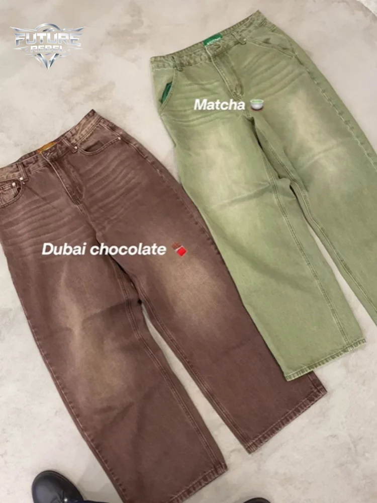 Mens Jeans Matcha Green Washed Gradient Denim Pants Harajuku Unisex Loose Fit Straight Leg Wide Leg Casual Streetwear Fashion