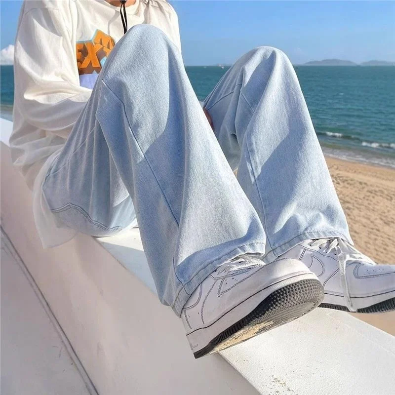 

Spring Autumn New Sle Men's Loose Straight Leg Casual Jeans Trendy Versatile Wide Leg Pants Dstring Waist Casual Jeans