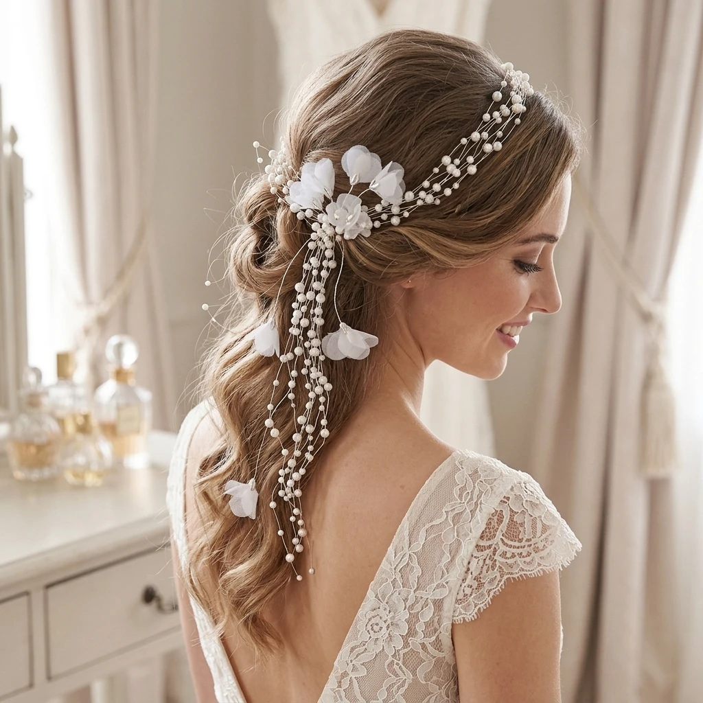

Pearl Copper Wire Bridal Hair Vine Headband, Handmade Flower Crown With Tassels For Wedding Ceremony Bridesmaids And Girls