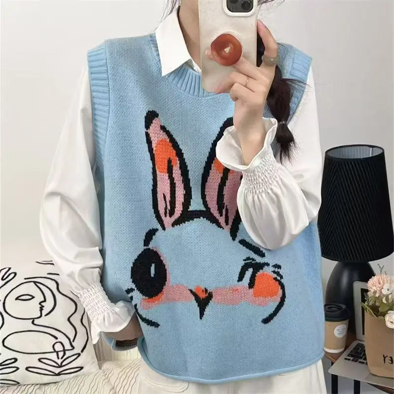 Green Sweet Knitted Sweater Vest Women Jacket Kawaii Cartoon Bunny Jacquard Sweet  Girls Fashion Casual Knitted Tanks Tops 2024