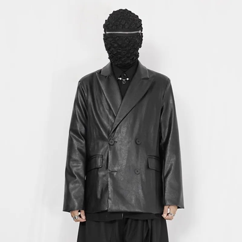 

[custom]Spring and Autumn high design dark double breasted PU leather small suit large size men's coat casual suit men