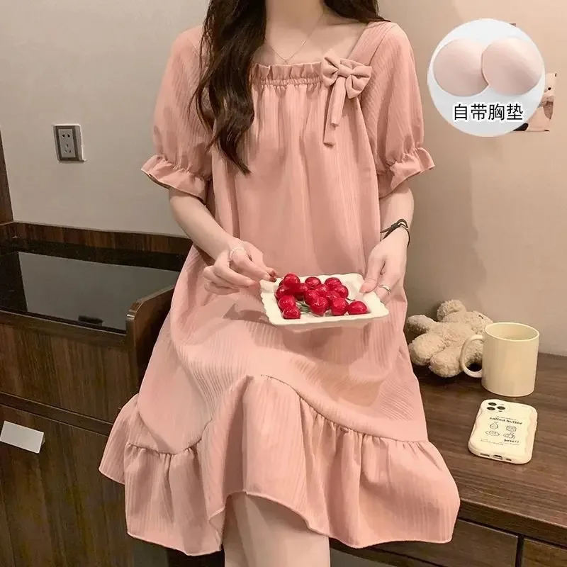 Frühling Sommer Pyjama Locker Sitzende Damen-Loungewear Dünnes Schlafkleid mit Brustpolster Kurzarm-Loungewear Süße Lustige Schleife Homewear Pyjama