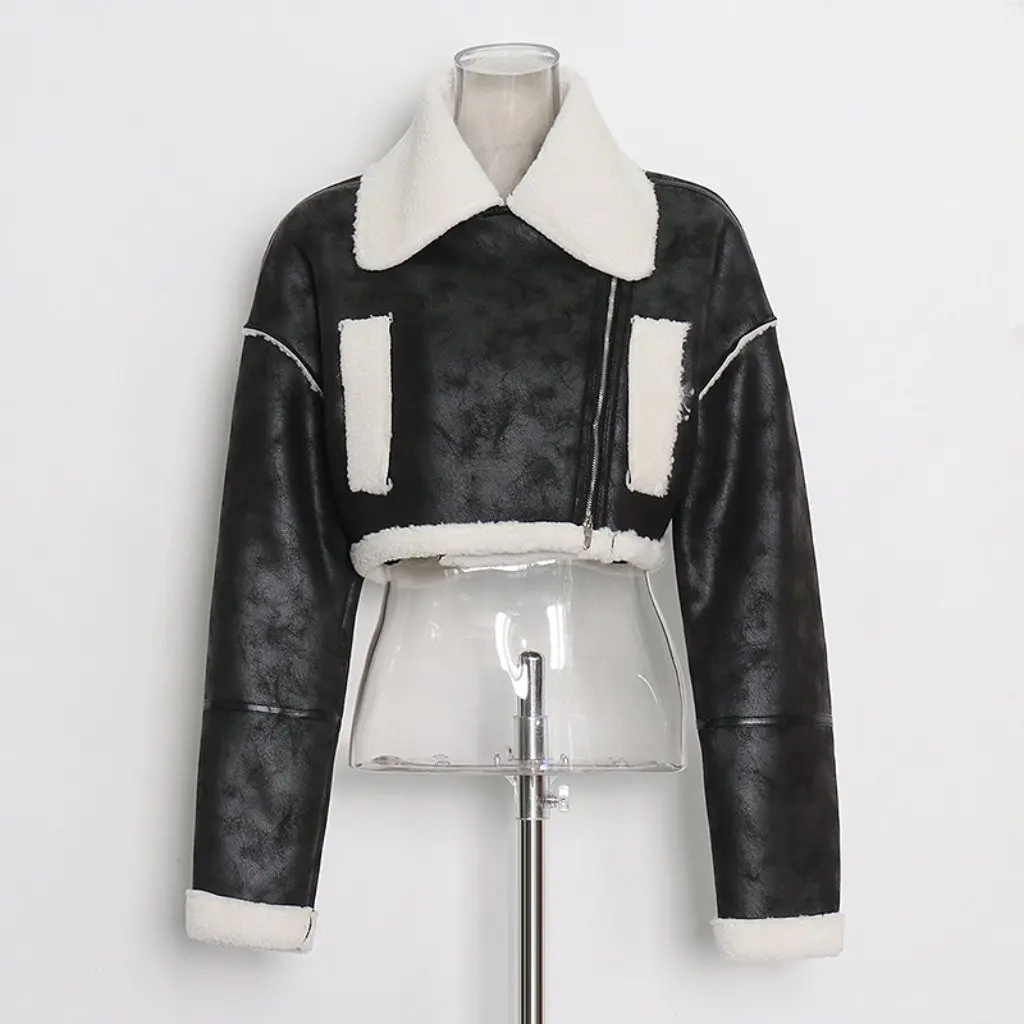 

European And American Style Cotton Jacket Large Lapel Patchwork Short Lamb Wool Coat Trendy Workwear Fashion In-Stock