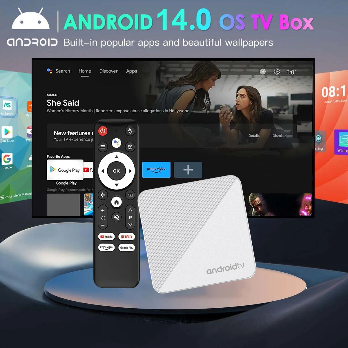 Versión global Mortal T1X ATV Android 14 TV Box Allwinner H313 Soporte Google Voice Assistant WiFi6 4K BT5.0 Chromecast TV Box