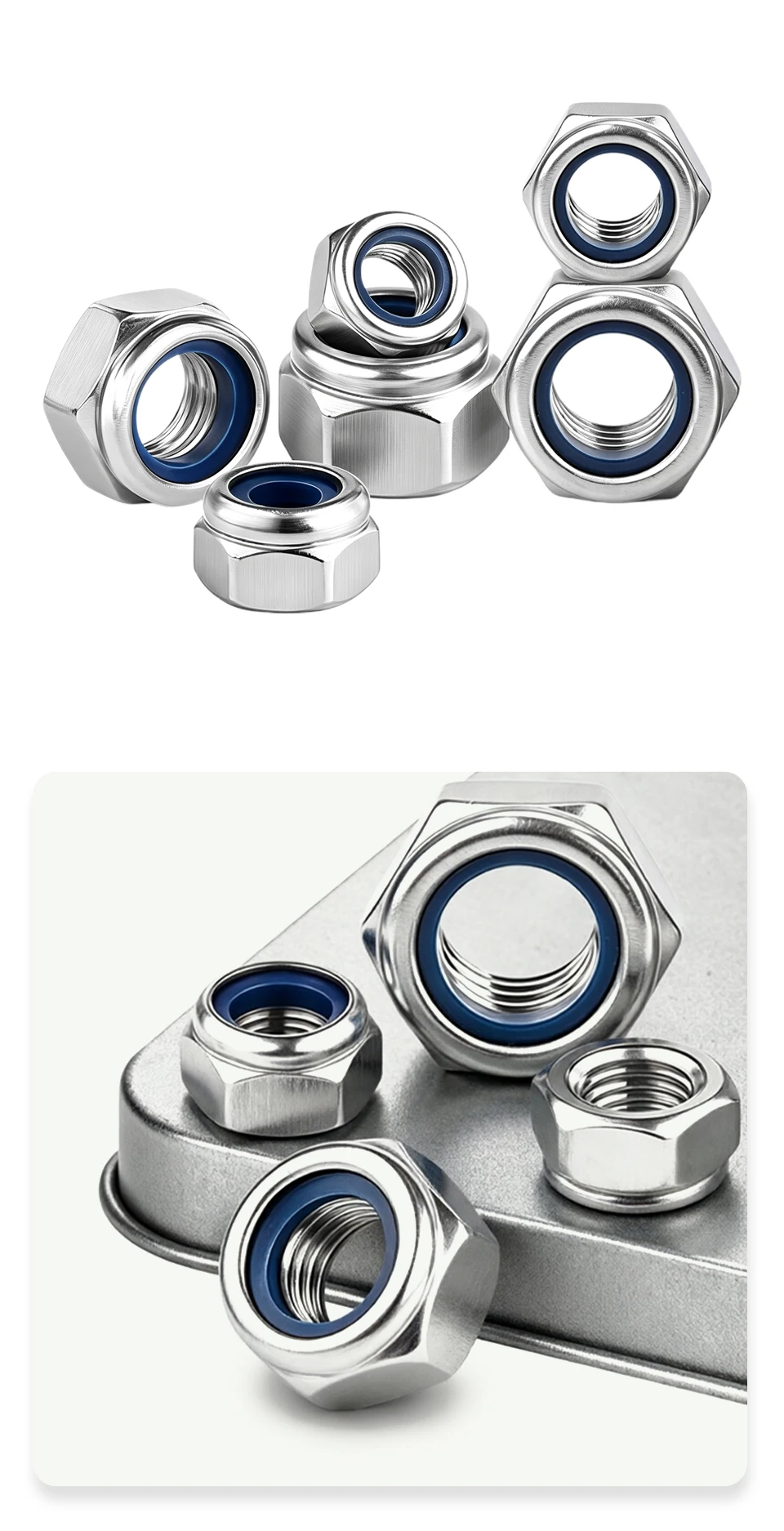 304 Edelstahl DIN985 Nylon-Sicherungsmutter Sechskant Selbstsichernde Mutter Nyloc Nylon-Einsatz Sicherungsmutter M2 M2.5 M3 M4 M5 M6 M8 M10 M12 M30 – Detail 8