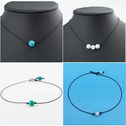 Fashion Green Blue Turquoises Pearl Charms Choker Necklace On Leather Cord For Women Handmade Jewelry Gifts