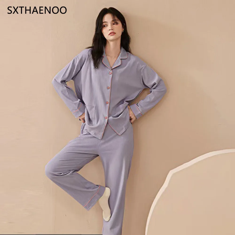 SXTHAENOO Korean Solid Color Pajamas Mujer Women Sleepwear Cotton Pijamas Set 2 Pcs Pyjama Suit Ladies Comfortable Home Clothes