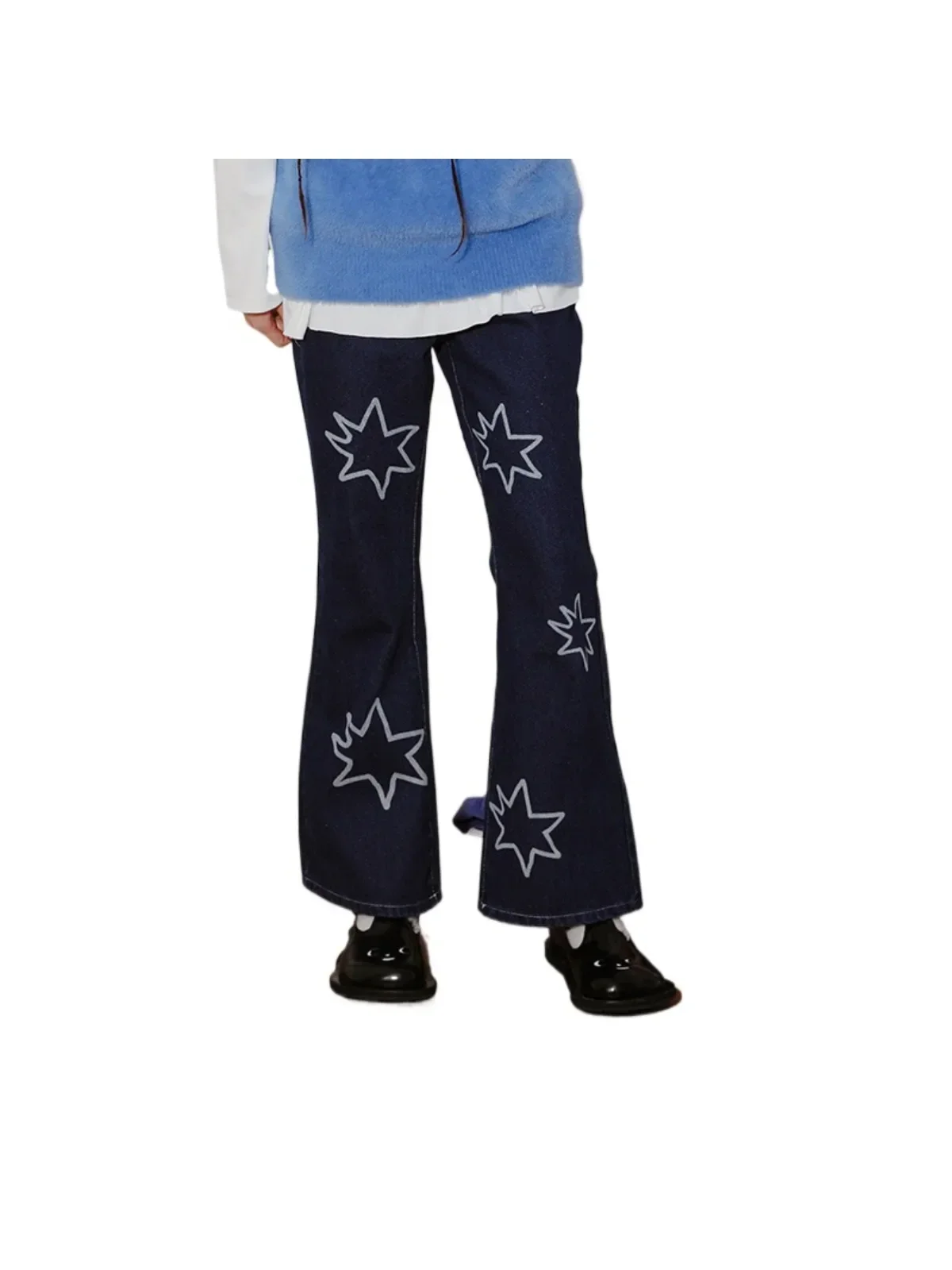 High Quality Schoolgirl's Denim Jeans Vintage Flared Stars  Pants Women's Trousers Five-pointed Star  Waist Sweet 