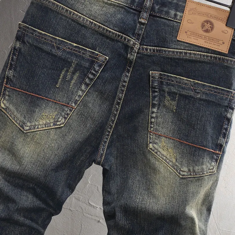 Street Fashion New Men's Jeans Vintage Blue Elastic Slim Fit Split Jeans Wash Water Nostalgic Hip Hop Brand Pants