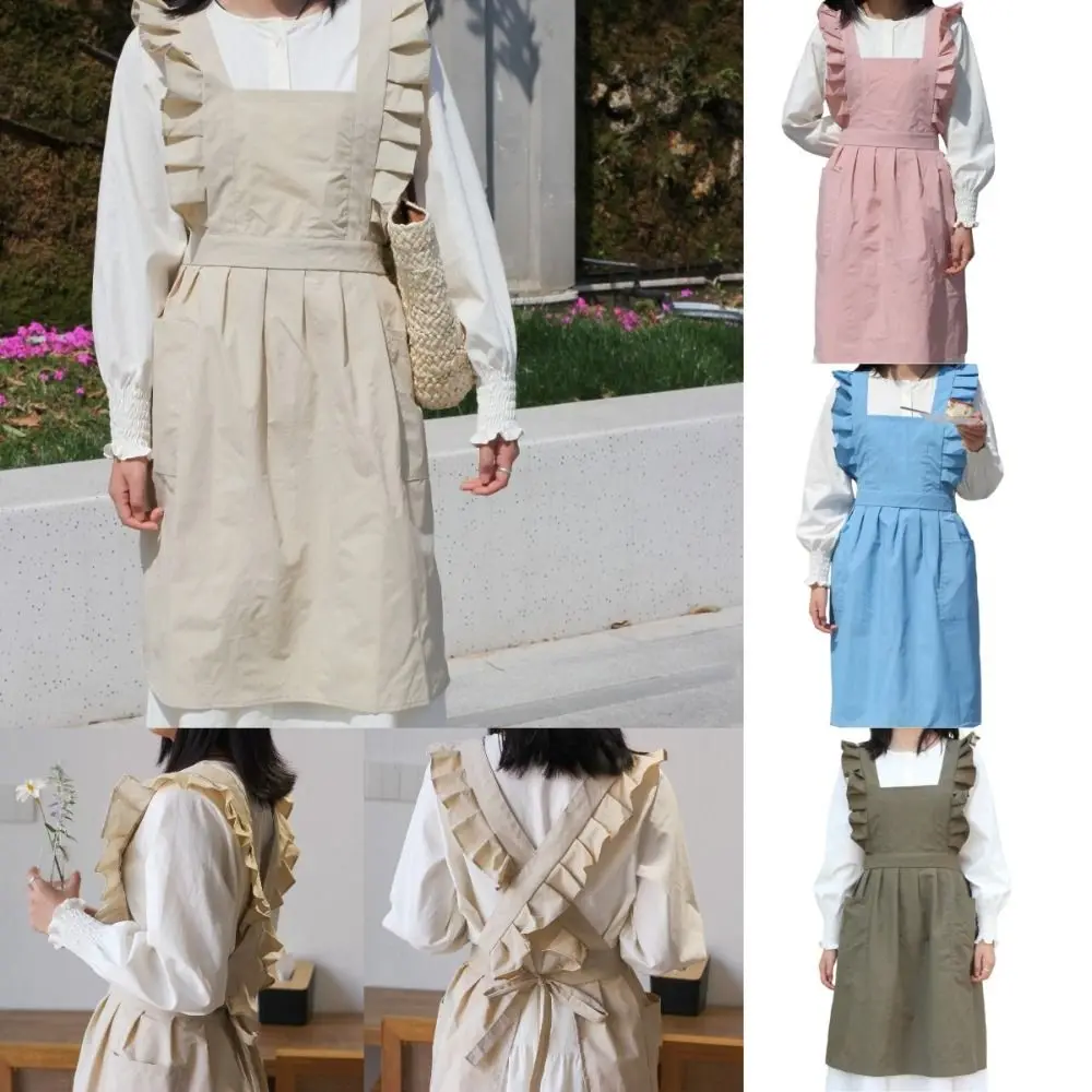 Solid Color Florist Aprons Retro Cross Back Women Cooking Overalls Long Style Oil-Proof Coffee Shops Work Dress Artist