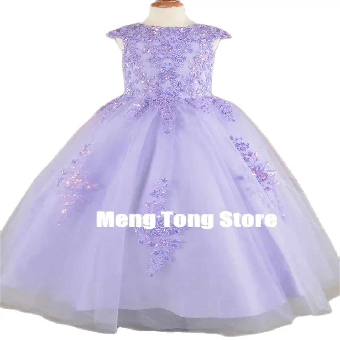 Vestidos de flores púrpuras para niña, apliques florales sin mangas para boda, fiesta de cumpleaños, banquete, vestidos de princesa